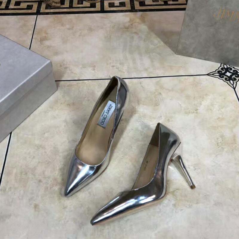 Jimmy Choo Women Shoes Romy 85 Silver Liquid Mirror Leather Pointy Toe Pumps - Image 2