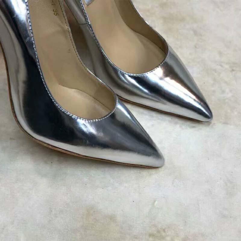 Jimmy Choo Women Shoes Romy 85 Silver Liquid Mirror Leather Pointy Toe Pumps - Image 9