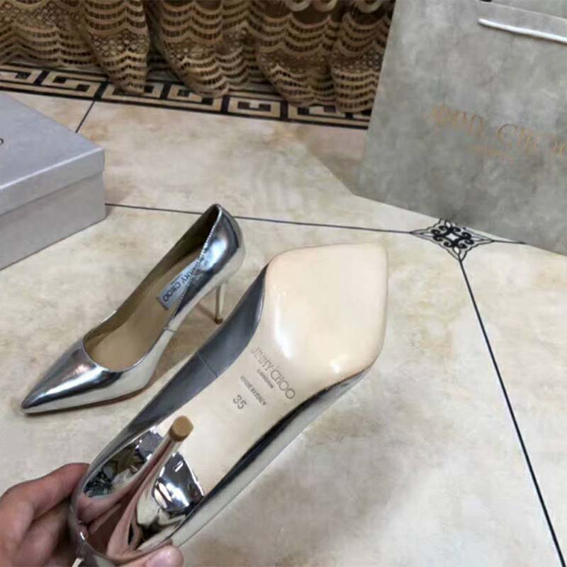 Jimmy Choo Women Shoes Romy 85 Silver Liquid Mirror Leather Pointy Toe Pumps - Image 6