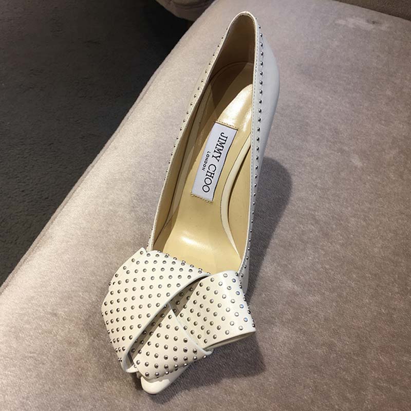 Jimmy Choo Women Tegan 100 Kid Leather with Studded Bow Detailing Shoes White - Image 2
