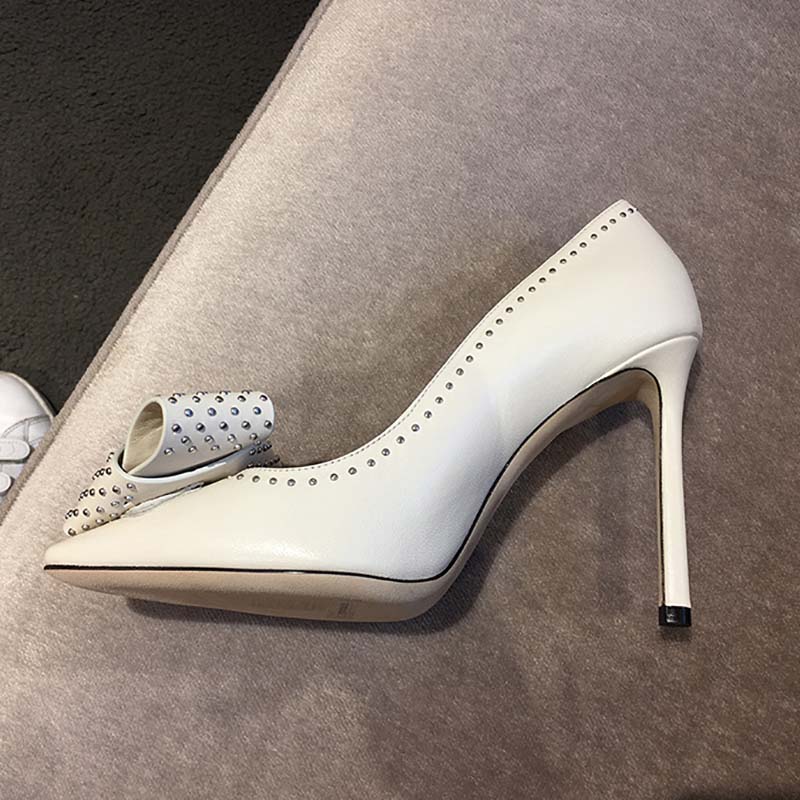 Jimmy Choo Women Tegan 100 Kid Leather with Studded Bow Detailing Shoes White - Image 5