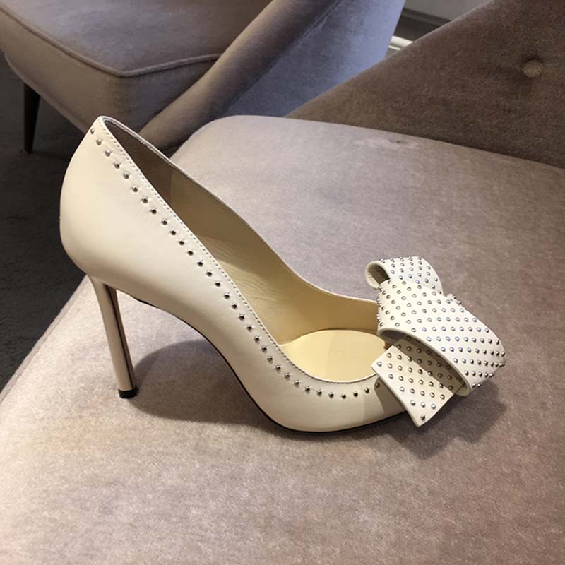 Jimmy Choo Women Tegan 100 Kid Leather with Studded Bow Detailing Shoes White - Image 6