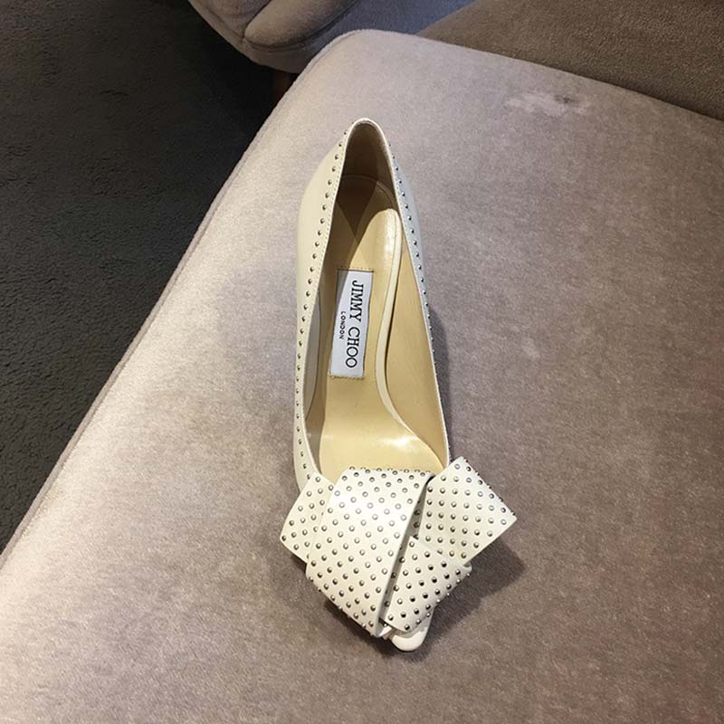 Jimmy Choo Women Tegan 100 Kid Leather with Studded Bow Detailing Shoes White - Image 3
