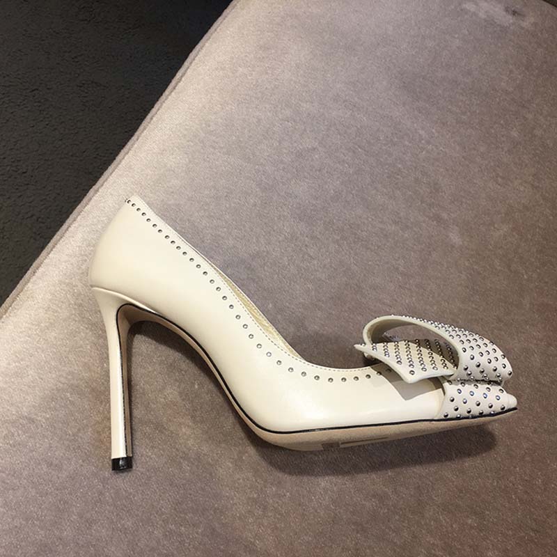 Jimmy Choo Women Tegan 100 Kid Leather with Studded Bow Detailing Shoes White - Image 4