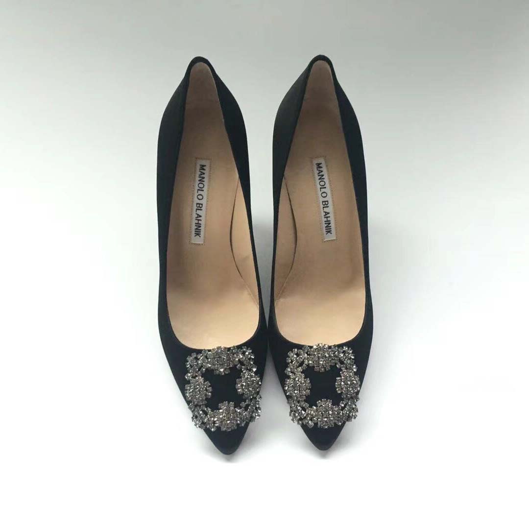 Manolo Blahnik Women Hangisi 70 Satin Jewel Buckled Pumps Shoes-Black - Image 2