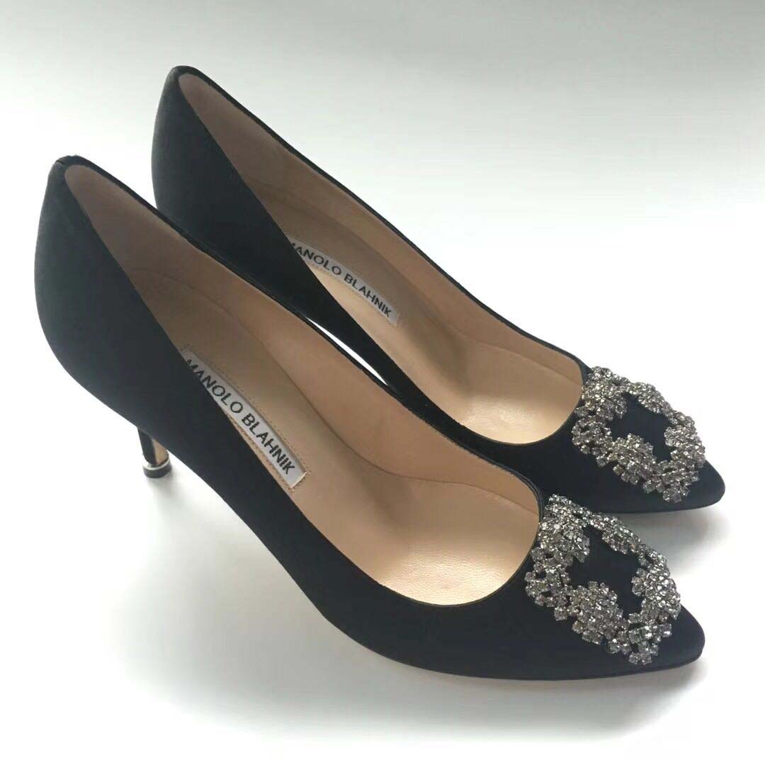 Manolo Blahnik Women Hangisi 70 Satin Jewel Buckled Pumps Shoes-Black - Image 4