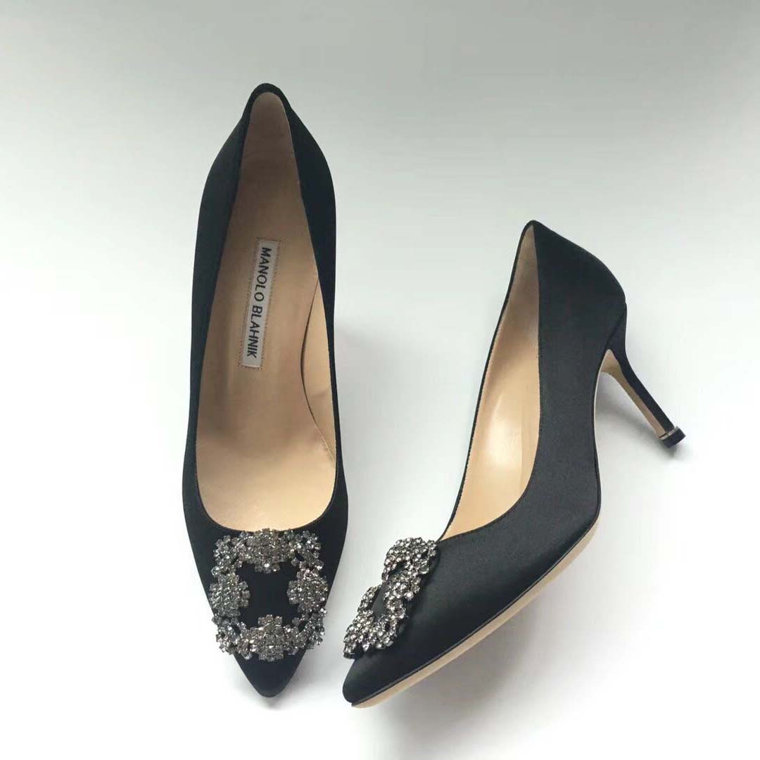 Manolo Blahnik Women Hangisi 70 Satin Jewel Buckled Pumps Shoes-Black - Image 3