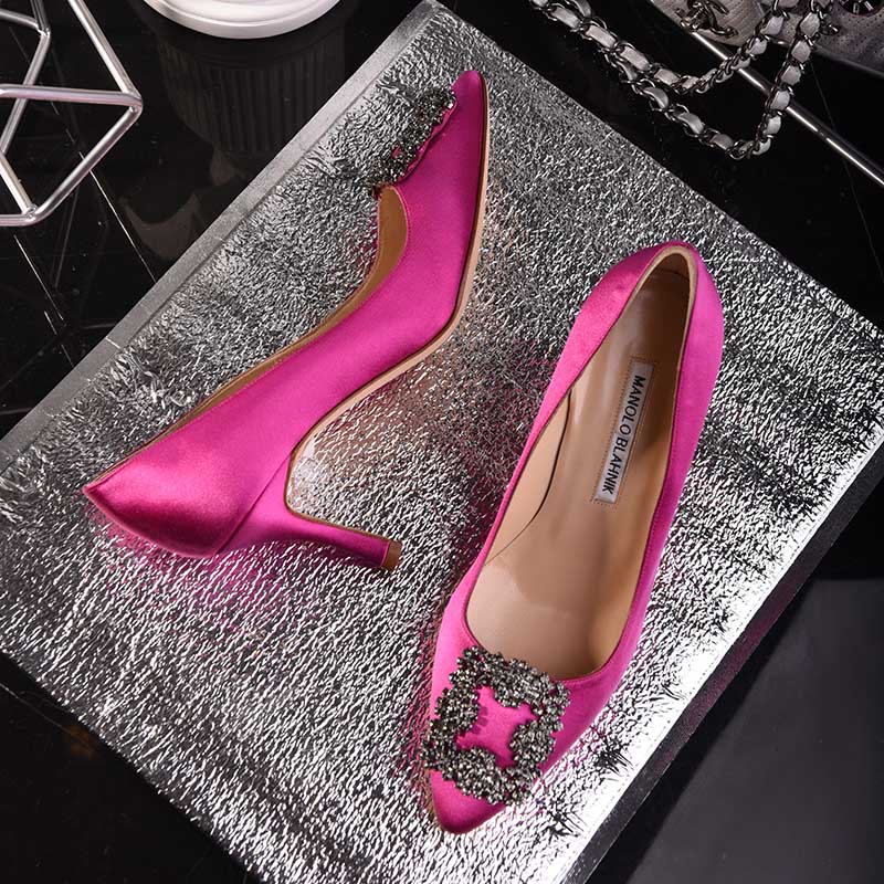 Manolo Blahnik Women Hangisi 70 Satin Jewel Buckled Pumps Shoes Rose - Image 4