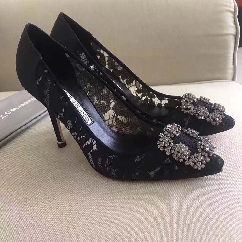 Manolo Blahnik Women Hangisi Lace Lace Jewel Buckled Pumps Shoes-Black - Image 2