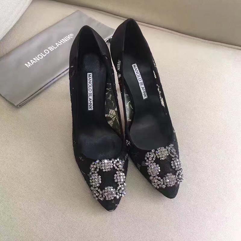 Manolo Blahnik Women Hangisi Lace Lace Jewel Buckled Pumps Shoes-Black - Image 3