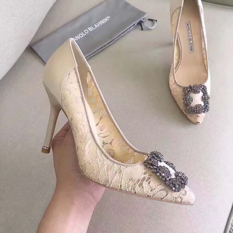 Manolo Blahnik Women Hangisi Lace Lace Jewel Buckled Pumps Shoes-Sandy - Image 2