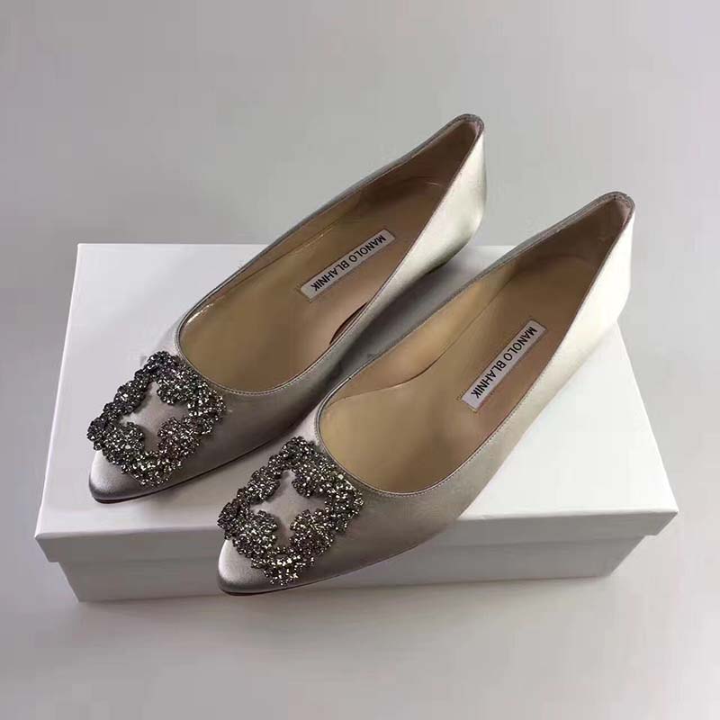 Manolo Blahnik Women Hangisiflat Satin Jewel Buckled Flats Shoes-Grey - Image 3