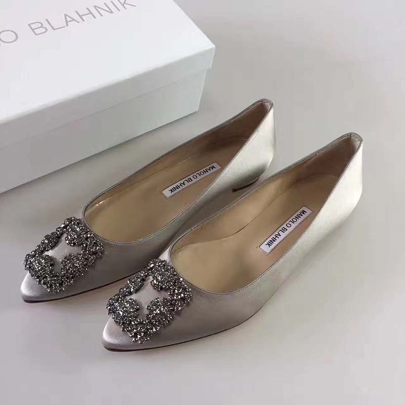 Manolo Blahnik Women Hangisiflat Satin Jewel Buckled Flats Shoes-Grey - Image 4