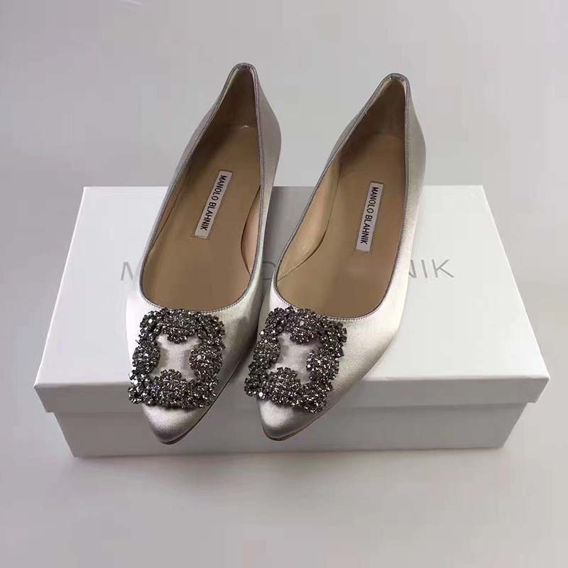 Manolo Blahnik Women Hangisiflat Satin Jewel Buckled Flats Shoes-Grey - Image 2