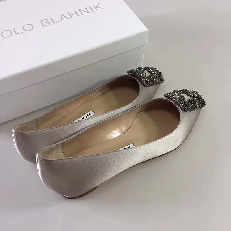 Manolo Blahnik Women Hangisiflat Satin Jewel Buckled Flats Shoes-Grey - Image 5