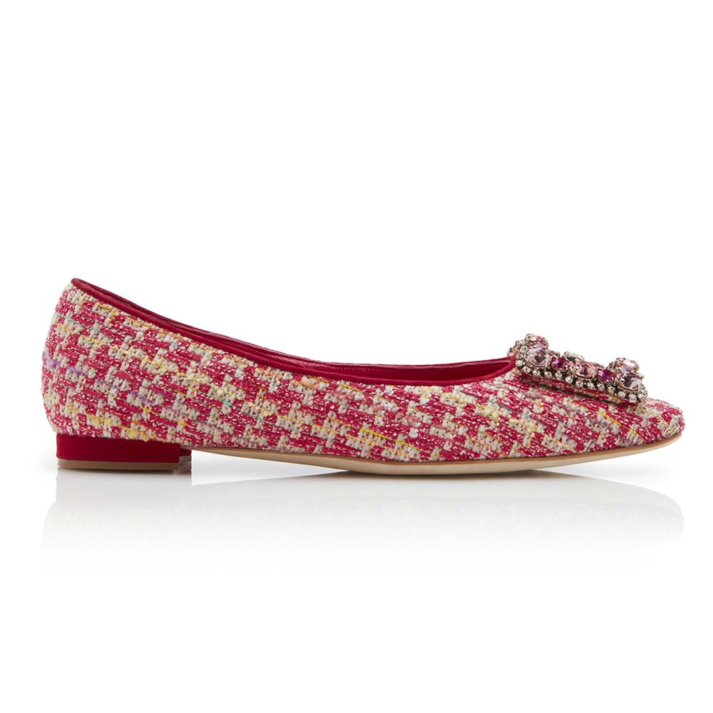 Manolo Blahnik Women Shoes Caza Pink Tweed Crystal Buckle Flats 10mm Heel