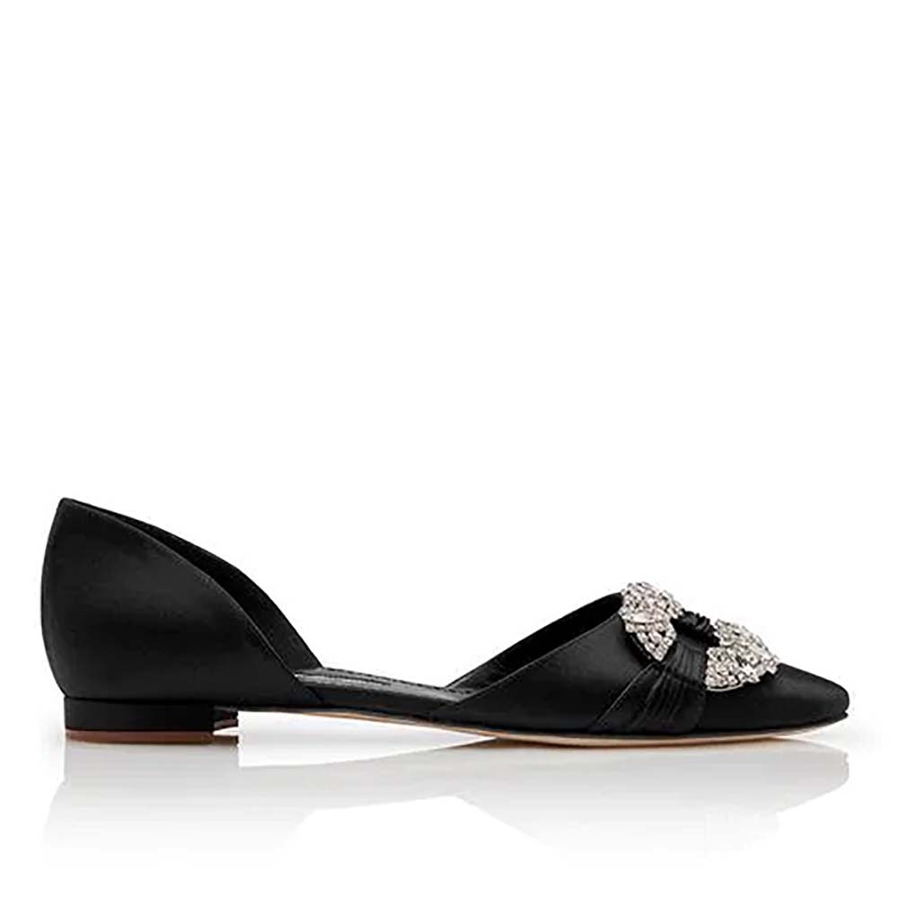 Manolo Blahnik Women Shoes Luanda Satin Crystal Embsllished D'Orsay Flats 10mm Heel-Black