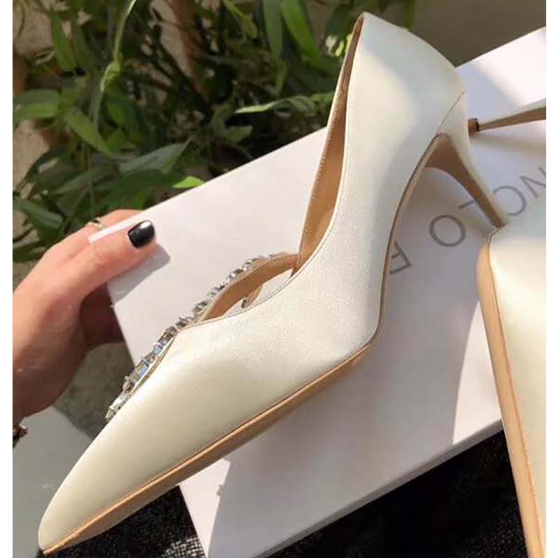 Manolo Blahnik Women Shoes Nadira Satin Jewel Buckle Pumps 90mm Heel-White - Image 8
