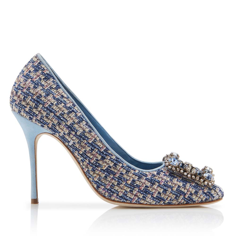 Manolo Blahnik Women Shoes Vazza Blue Tweed Crystal Buckle Pumps 105mm Heel
