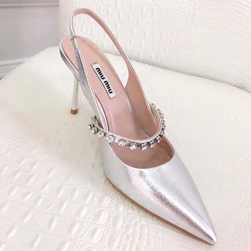 Miu Miu Women Shoes Nappa Leather Slingbacks with Crystals 85mm Heel-Silver - Image 7
