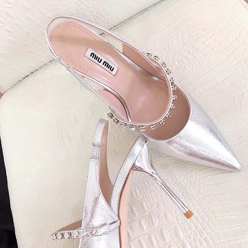 Miu Miu Women Shoes Nappa Leather Slingbacks with Crystals 85mm Heel-Silver - Image 5