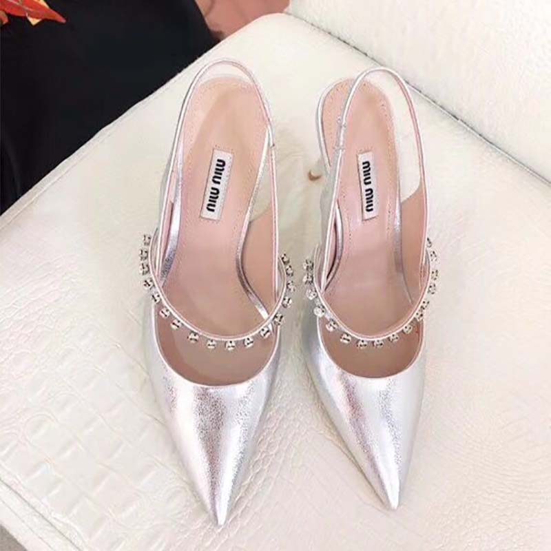 Miu Miu Women Shoes Nappa Leather Slingbacks with Crystals 85mm Heel-Silver - Image 3