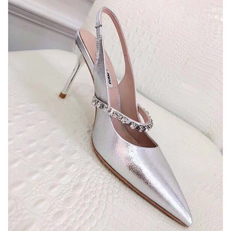 Miu Miu Women Shoes Nappa Leather Slingbacks with Crystals 85mm Heel-Silver - Image 8