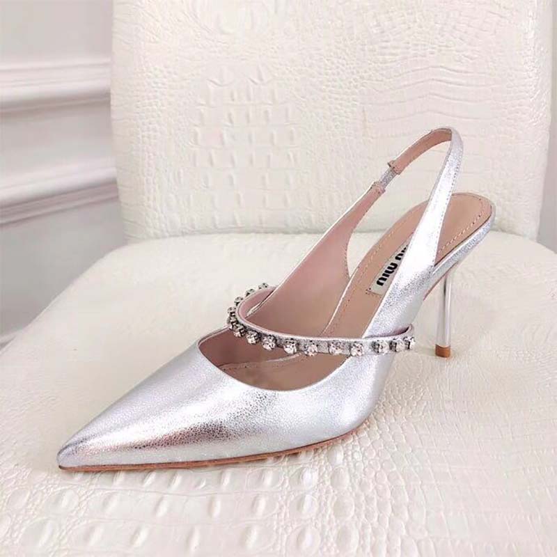 Miu Miu Women Shoes Nappa Leather Slingbacks with Crystals 85mm Heel-Silver - Image 6