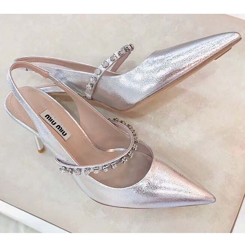 Miu Miu Women Shoes Nappa Leather Slingbacks with Crystals 85mm Heel-Silver - Image 4