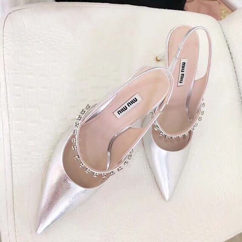 Miu Miu Women Shoes Nappa Leather Slingbacks with Crystals 85mm Heel-Silver - Image 2