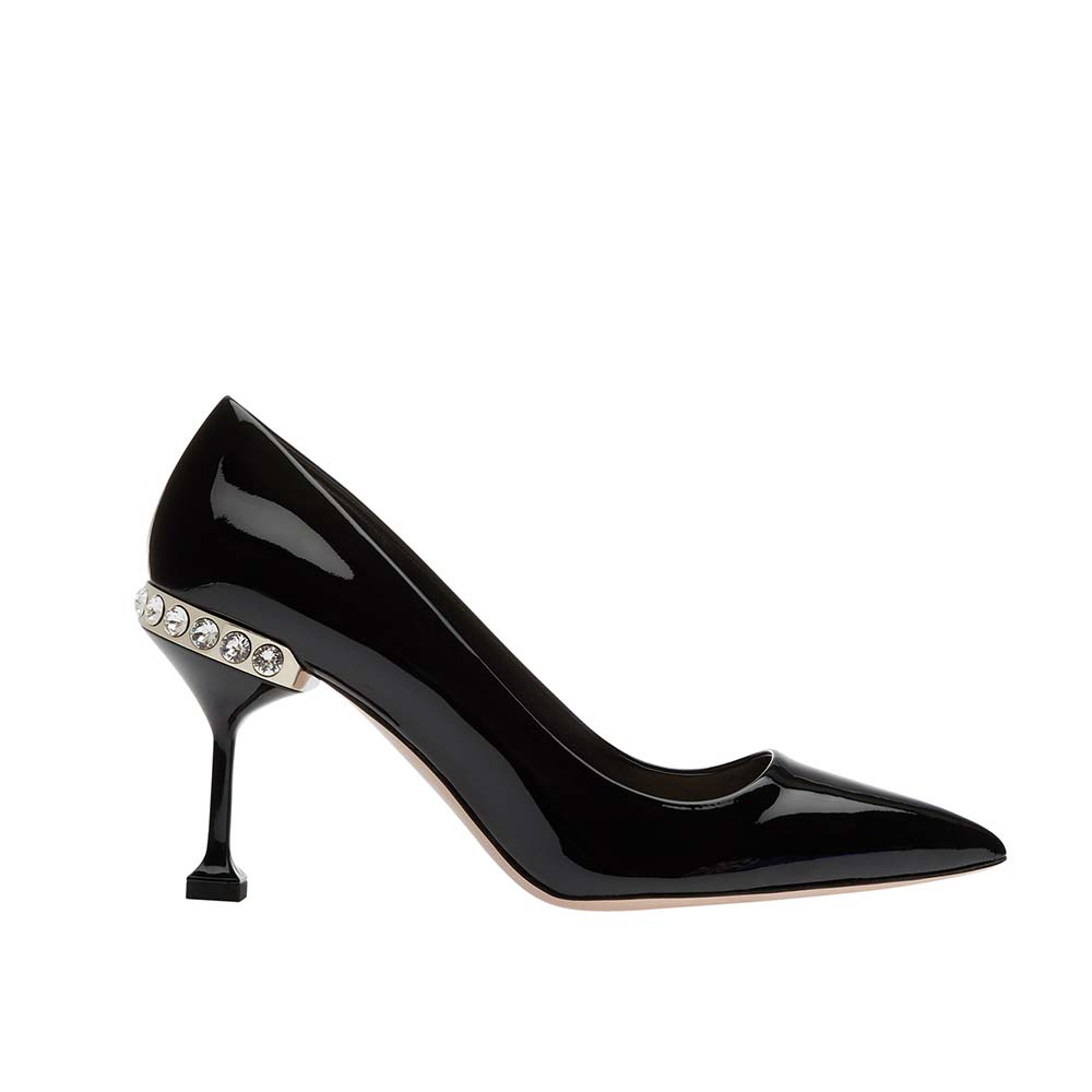 Miu Miu Women Shoes Patent Leather Pumps with Jewels 85mm Heel-Black