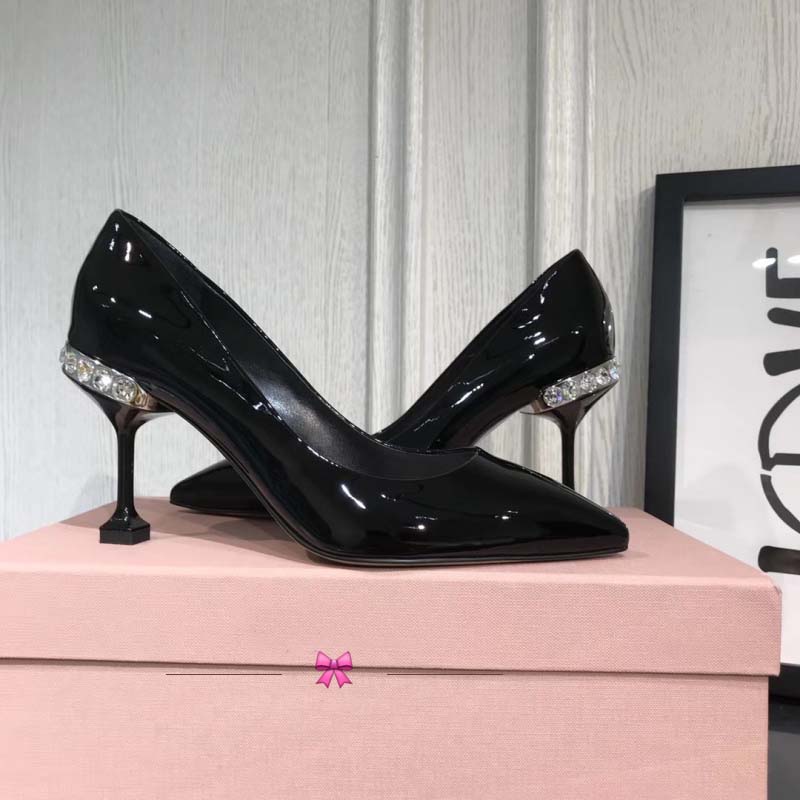 Miu Miu Women Shoes Patent Leather Pumps with Jewels 85mm Heel-Black - Image 2