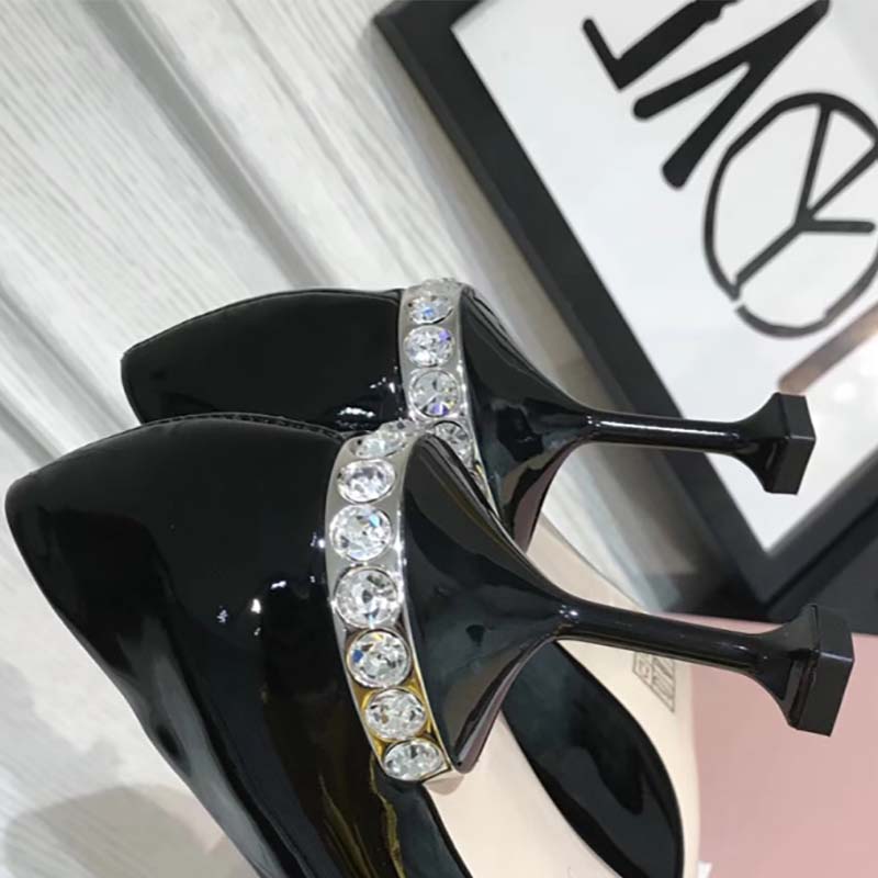 Miu Miu Women Shoes Patent Leather Pumps with Jewels 85mm Heel-Black - Image 6