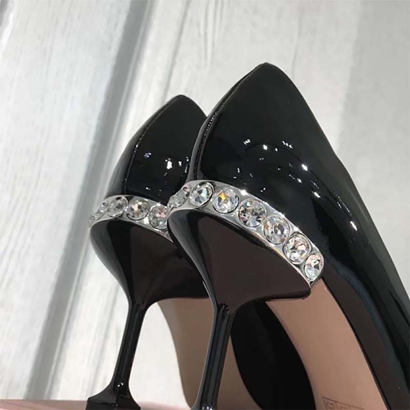 Miu Miu Women Shoes Patent Leather Pumps with Jewels 85mm Heel-Black - Image 4