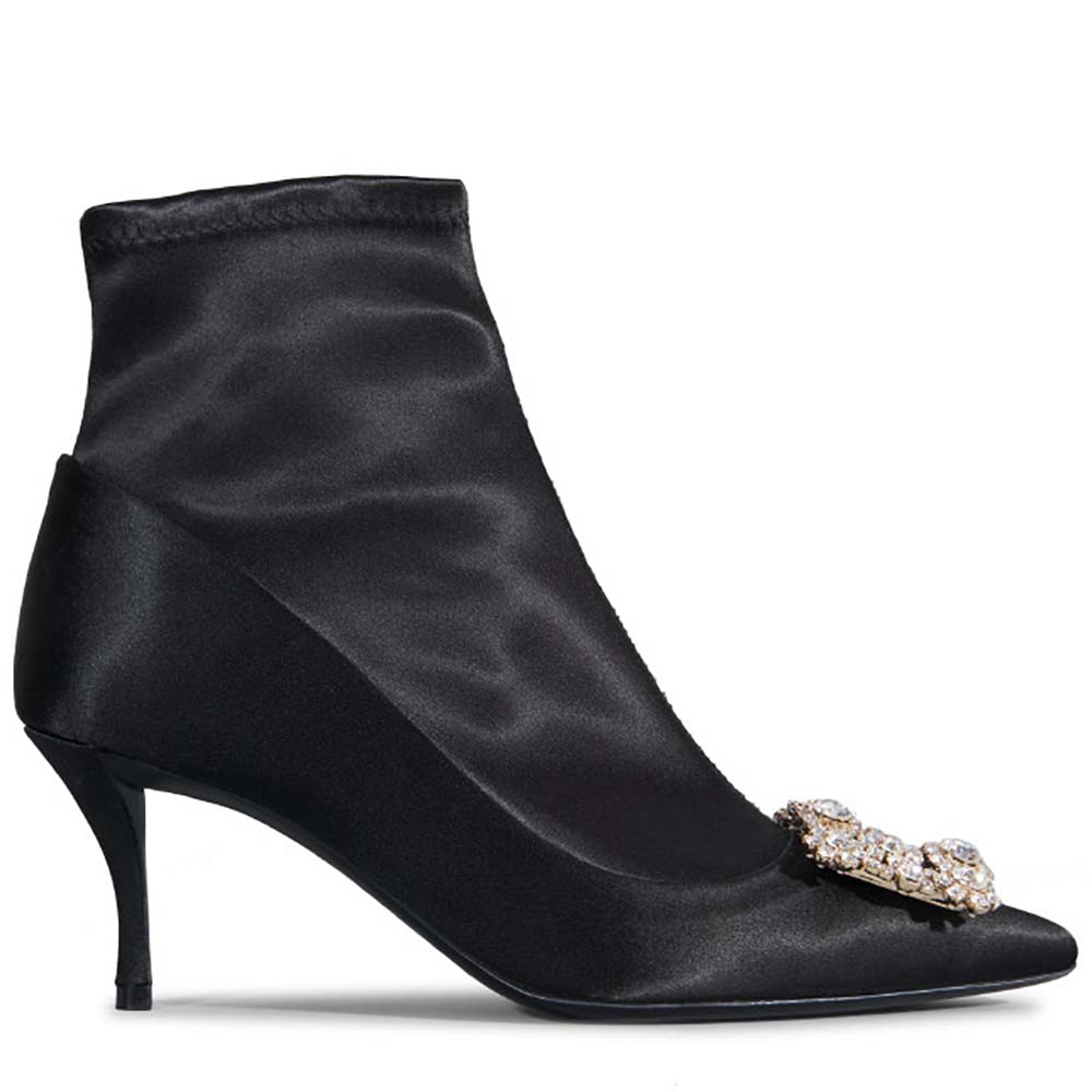Roger Vivier Women Shoes Flower Strass Buckle Booties in Satin Silk 60mm Heel-Black