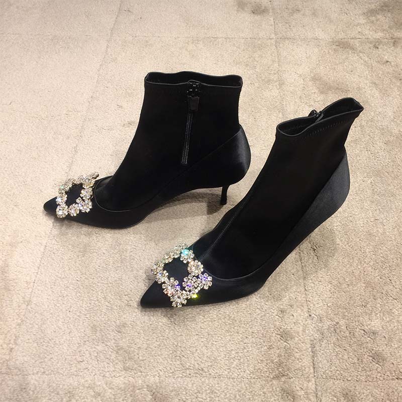 Roger Vivier Women Shoes Flower Strass Buckle Booties in Satin Silk 60mm Heel-Black - Image 3