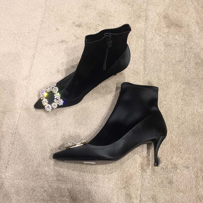Roger Vivier Women Shoes Flower Strass Buckle Booties in Satin Silk 60mm Heel-Black - Image 4