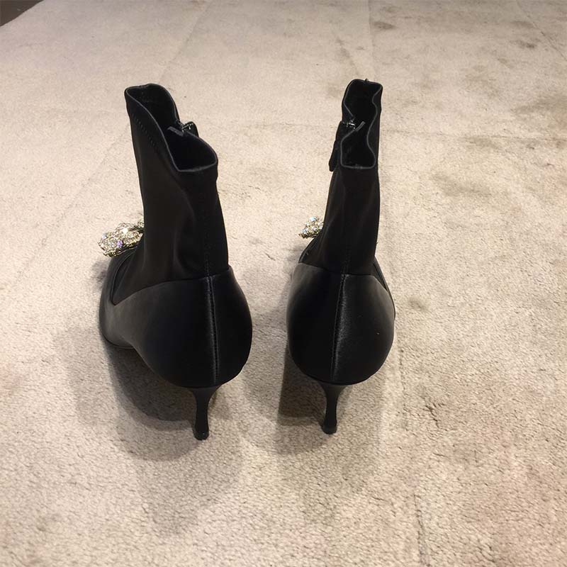 Roger Vivier Women Shoes Flower Strass Buckle Booties in Satin Silk 60mm Heel-Black - Image 5
