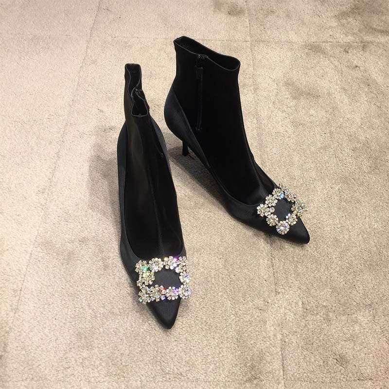 Roger Vivier Women Shoes Flower Strass Buckle Booties in Satin Silk 60mm Heel-Black - Image 2