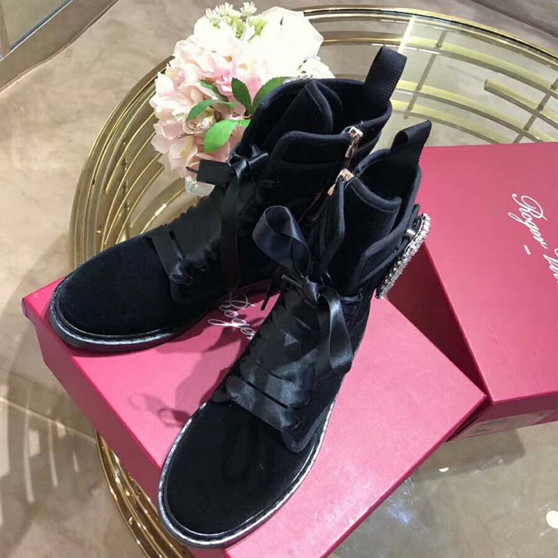 Roger Vivier Women Shoes Viv' Rangers Strass Buckle Fabric Ankle Boots-Black - Image 6