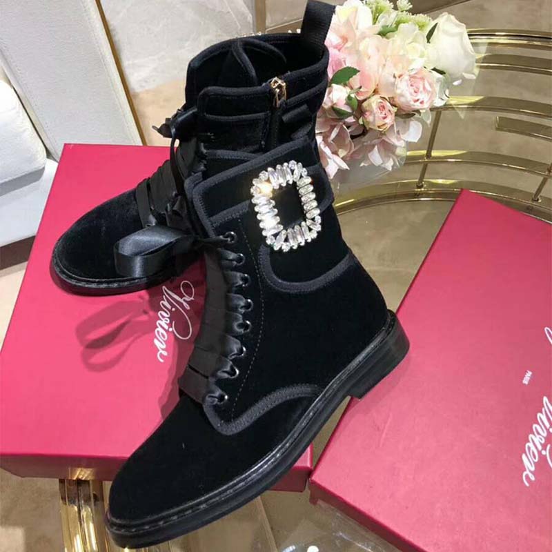Roger Vivier Women Shoes Viv' Rangers Strass Buckle Fabric Ankle Boots-Black - Image 4