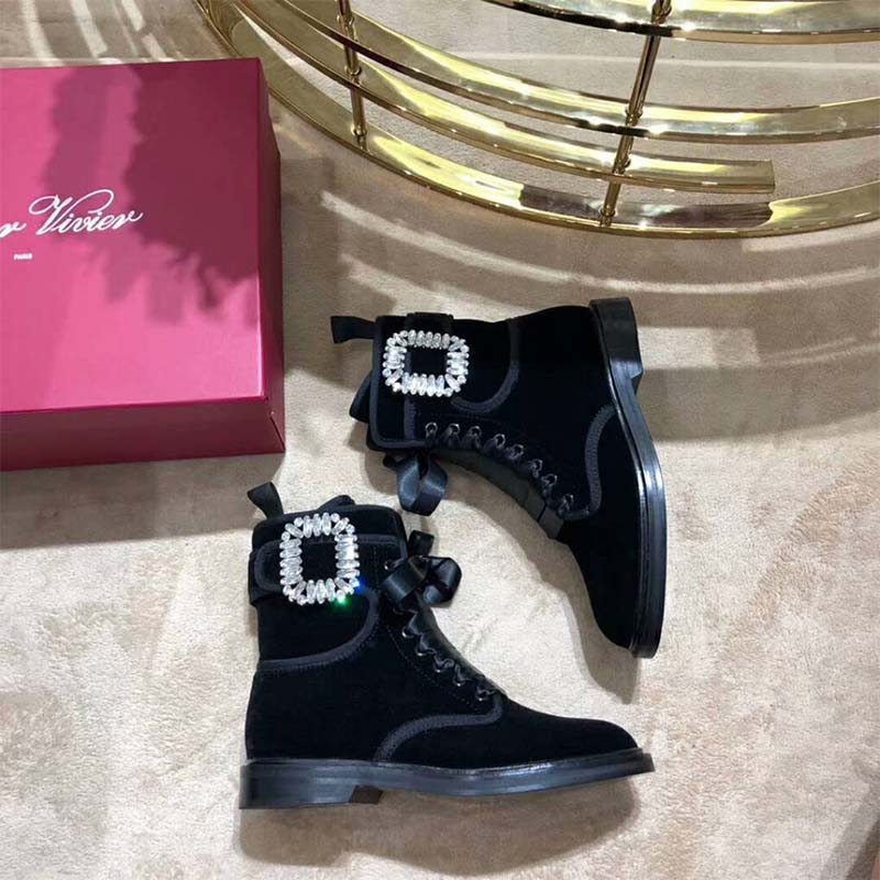 Roger Vivier Women Shoes Viv' Rangers Strass Buckle Fabric Ankle Boots-Black - Image 3