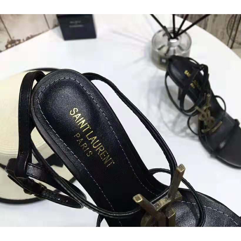 Saint Laurent YSL Women Cassandra Sandals with Gold Logo in Smooth Leather (110) Heel Height-Black - Image 5