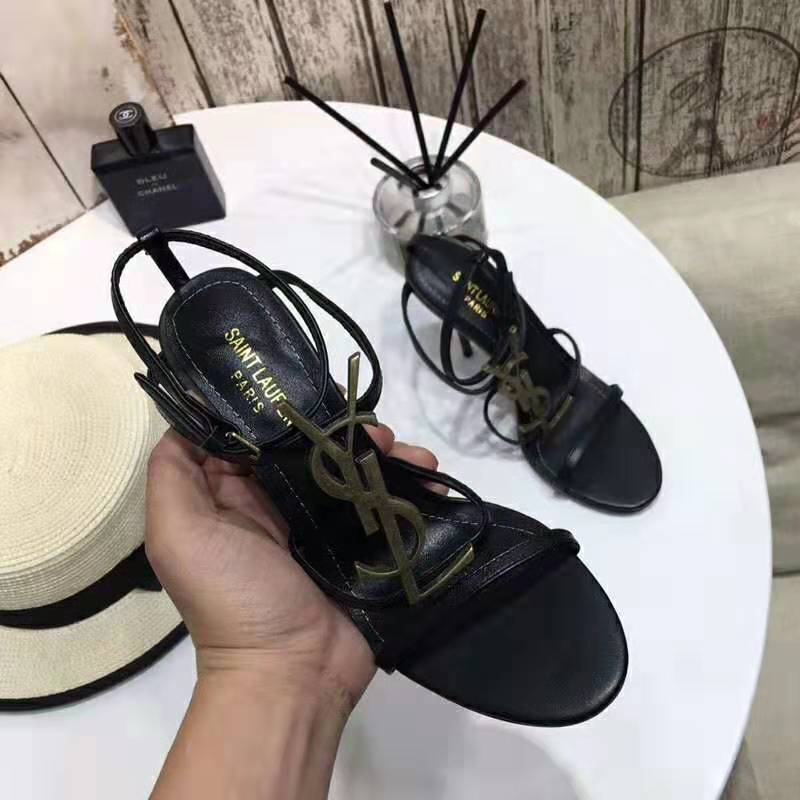 Saint Laurent YSL Women Cassandra Sandals with Gold Logo in Smooth Leather (110) Heel Height-Black - Image 2