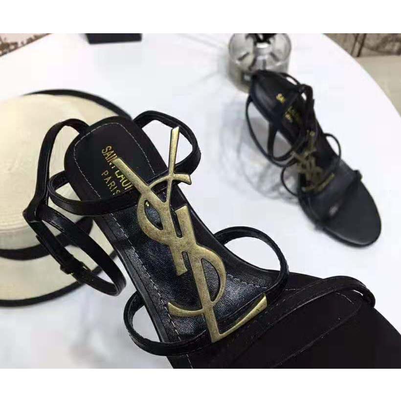 Saint Laurent YSL Women Cassandra Sandals with Gold Logo in Smooth Leather (110) Heel Height-Black - Image 4