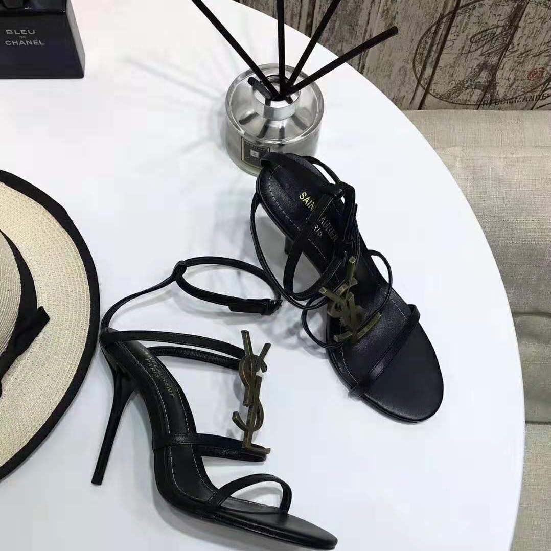 Saint Laurent YSL Women Cassandra Sandals with Black Logo in Patent Leather (110) Heel Height-Black - Image 2