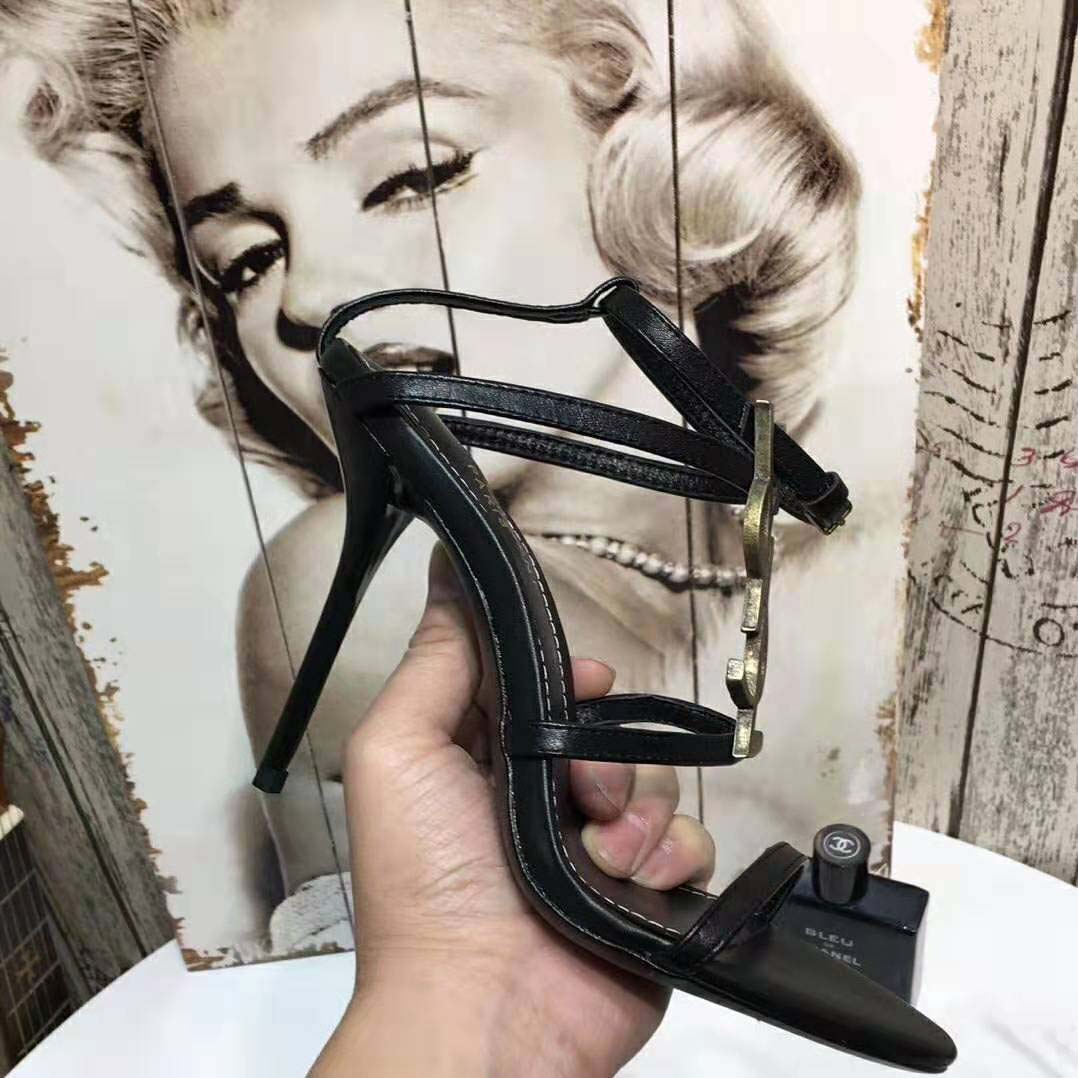 Saint Laurent YSL Women Cassandra Sandals with Gold Logo in Smooth Leather (110) Heel Height-Black - Image 6