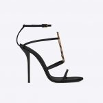 Saint Laurent YSL Women Cassandra Sandals with Gold Logo in Smooth Leather (110) Heel Height-Black