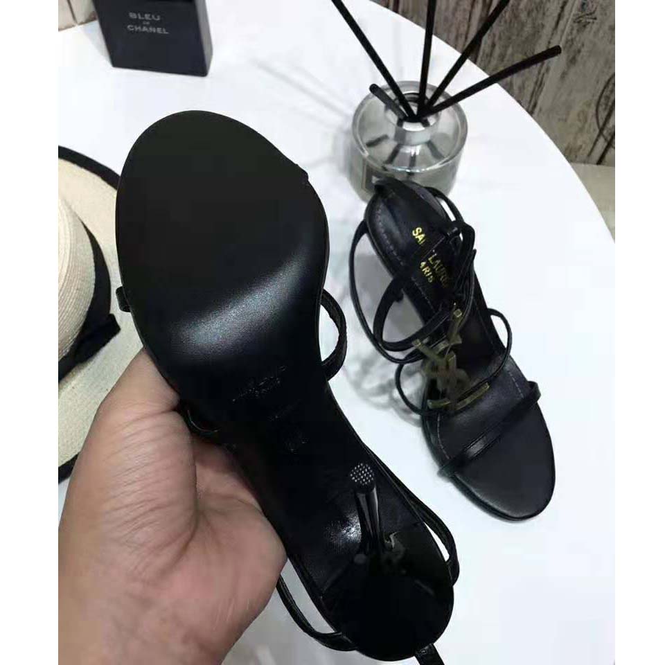 Saint Laurent YSL Women Cassandra Sandals with Black Logo in Patent Leather (110) Heel Height-Black - Image 5