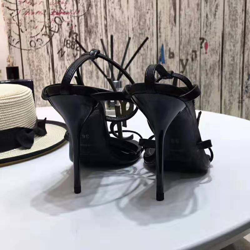 Saint Laurent YSL Women Cassandra Sandals with Black Logo in Patent Leather (110) Heel Height-Black - Image 4